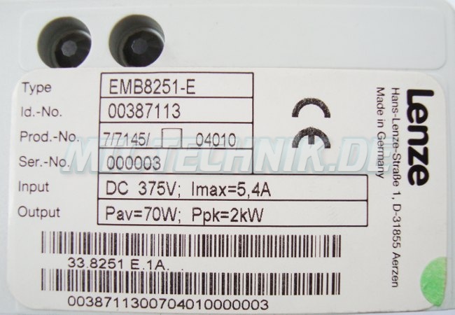 LENZE BRAKING UNIT Type: EMB8253-E $89.48 - CA LENZE BRAKING UNIT Type: EMB8253-E $89.48 - CA